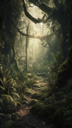Hiking trail in the rainforest of New Zealand. Vintage tone.の素材
