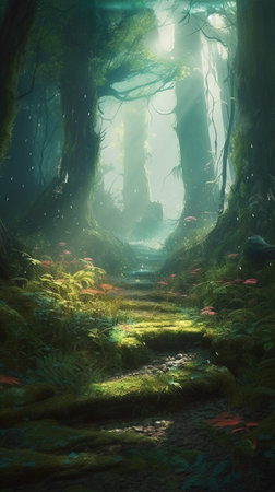 Fantasy landscape with path in the forest. 3D illustration.の素材