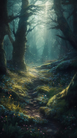Mysterious forest with fog and magic light. Fantasy images.の素材