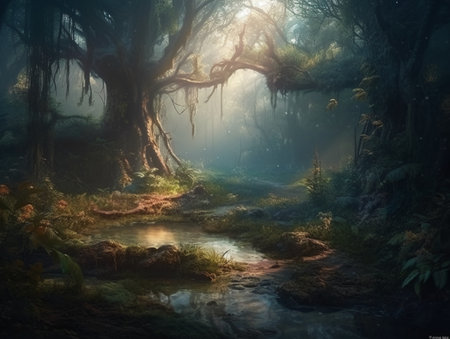 Fantasy forest with river and fog. Digital painting on canvas.の素材