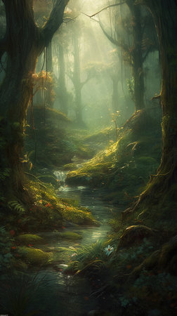 Fantasy landscape with a river in the forest. Digital painting.の素材