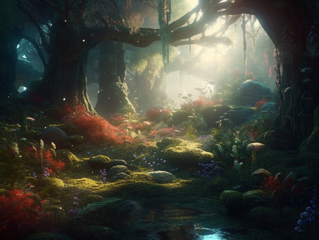 Fantasy landscape with fantasy forest and river. 3D illustration.の素材