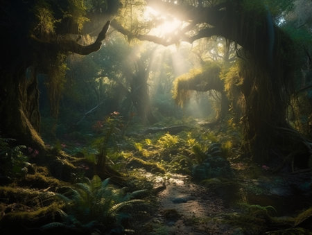 Foggy forest in the morning light. Beautiful landscape of tropical forest.の素材