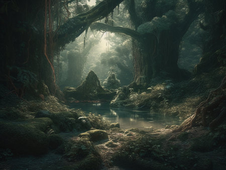 Fantasy forest with a river in a misty morning. Color toning.の素材