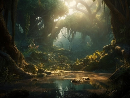 Fantasy forest with river and tree roots. 3d illustration.の素材
