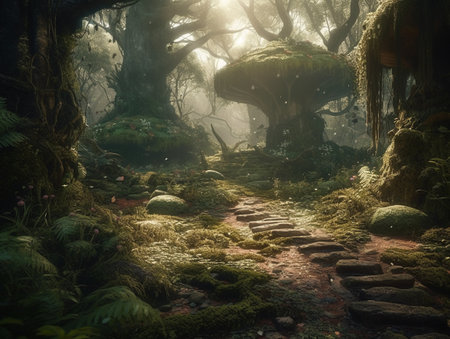 Mysterious forest with ferns, stones, moss and sunlight.の素材
