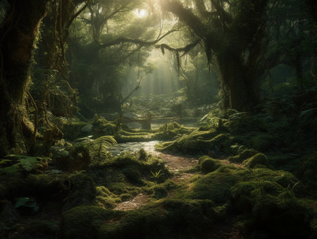 Mysterious green forest with sun rays shining through tree trunksの素材