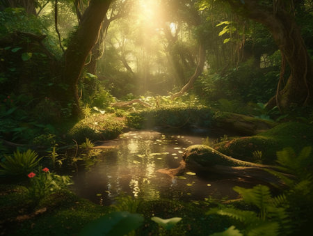 Beautiful tropical rainforest with small river and sunlight. nature backgroundの素材