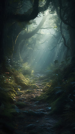 Mystical dark forest with fog and sunlight. 3d renderingの素材