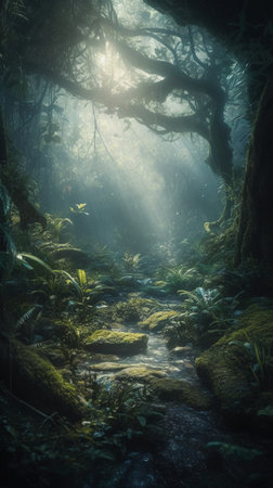 Foggy tropical rainforest with sunlight shining through the tree canopyの素材