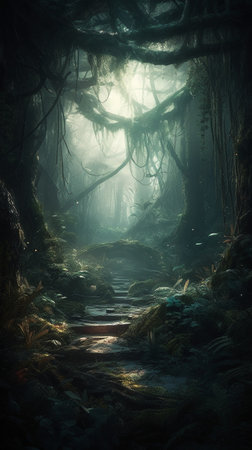 Mysterious dark forest with fog and light rays. Fantasy landscapeの素材