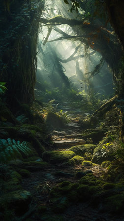 Foggy trail in the rainforest of La Palma, Canary Islands, Spainの素材