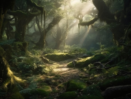 Mysterious dark forest with fog and sunbeams on the groundの素材