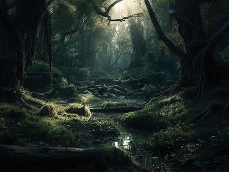 Foggy forest with mossy rocks and water stream in the darkの素材