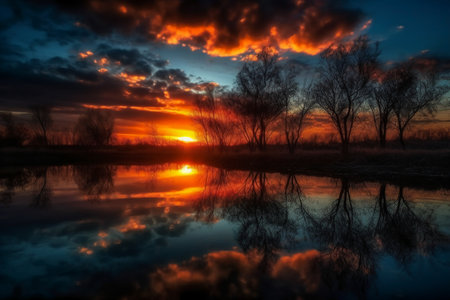 Beautiful sunset over the river with clouds reflected in the water.の素材