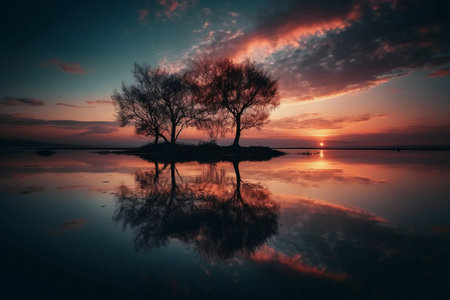 beautiful sunset reflected in the water of a lake with two treesの素材