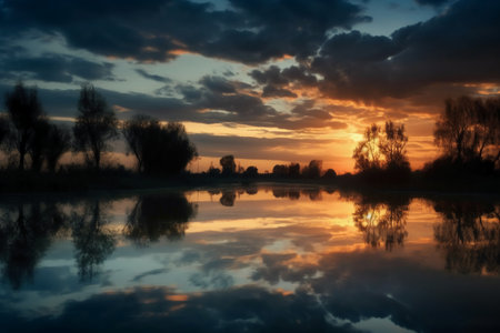 Beautiful sunset over the lake with clouds reflected in the water.の素材