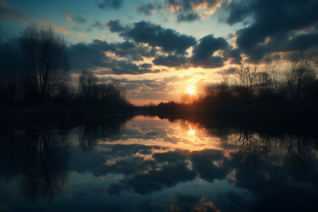 Sunset over the river with clouds reflected in the water. Nature composition.の素材