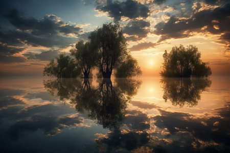 Beautiful landscape of sunset over the lake with reflection of trees in waterの素材