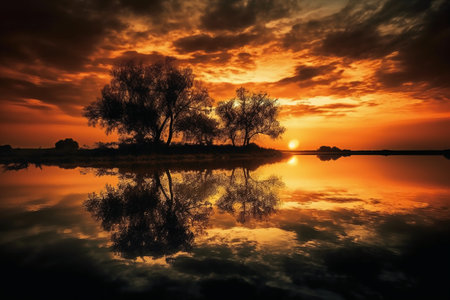 Beautiful sunset over the lake with reflection of trees in water.の素材