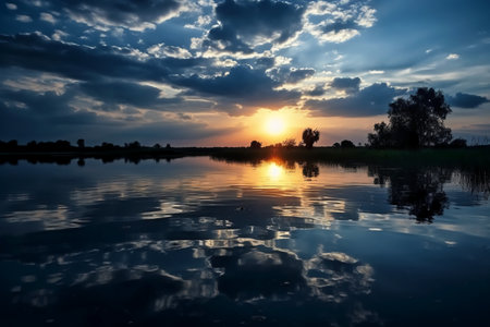 Sunset over the lake with reflection in the water. Beautiful landscape.の素材