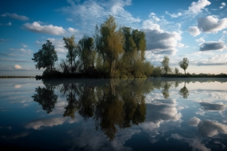 Reflection of trees in a lake with clouds in the blue skyの素材