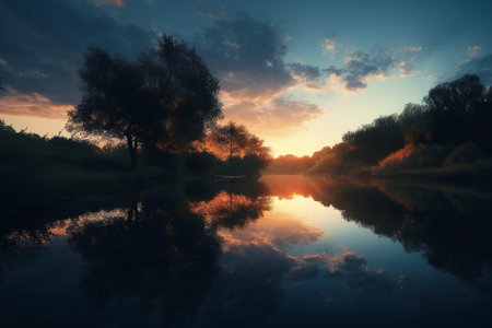 Sunset over a lake with trees reflected in the water. Beautiful landscape.の素材