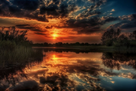 Beautiful sunset over the lake with reflection of clouds in the waterの素材