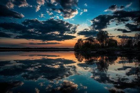Reflection of clouds in the lake at sunset. Nature composition.の素材
