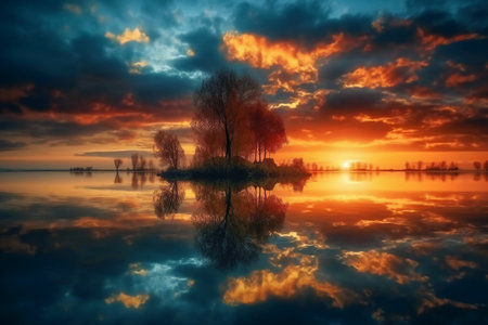 Beautiful sunset over the lake with reflection of trees in water.の素材