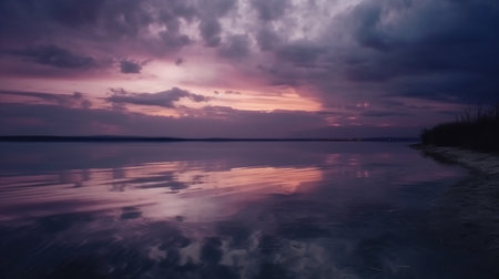 Beautiful sunset on the lake with reflection of clouds in the waterの素材