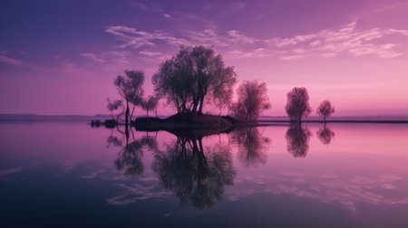 Trees reflected in the water of a lake in the evening.の素材
