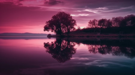 Beautiful sunset over the lake with a tree reflected in the waterの素材