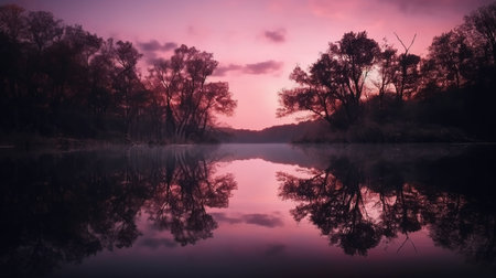 Beautiful sunrise over the lake with reflection of trees in water.の素材