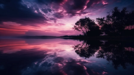 Beautiful sunset over the lake with reflection of trees in the waterの素材