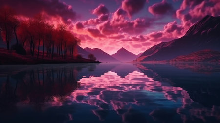 beautiful landscape of lake and mountains at sunset. 3d renderの素材