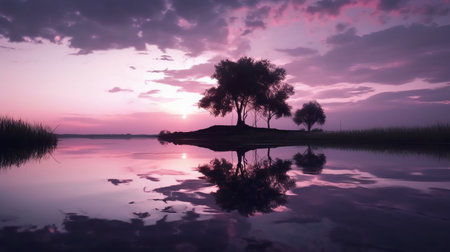 Lonely tree in the lake at sunset, 3d renderの素材