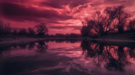 Red sunset over the river with silhouettes of trees in the waterの素材