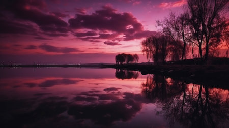 Beautiful sunset over a lake with trees reflected in the water.の素材