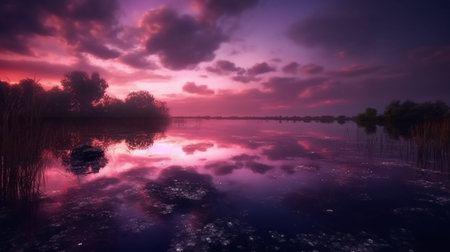 Sunset over the lake with reflection in water. Colorful sunset over the lake.の素材