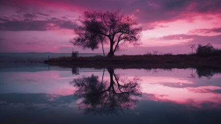 Reflection of a tree in a lake at sunset with purple skyの素材