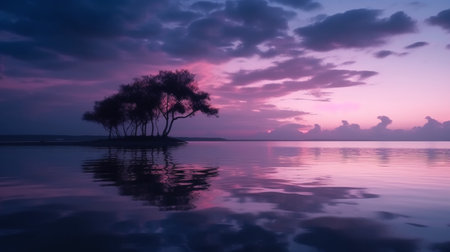 Sunset over the island in the sea with a tree in the foregroundの素材