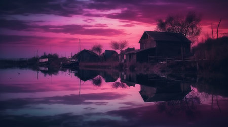Abandoned village on the shore of the lake at sunset.の素材