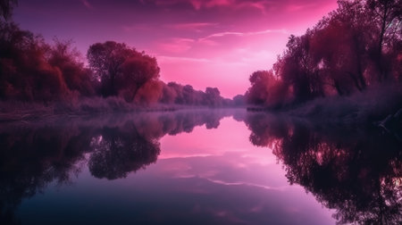 Foggy autumn morning on the river. Colorful landscape.の素材