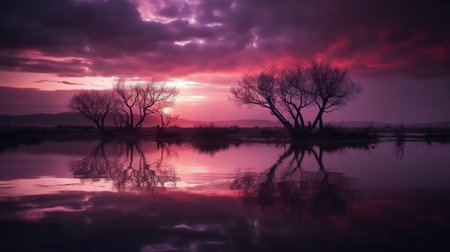Sunset over a lake and trees reflected in the water with a purple sky.の素材