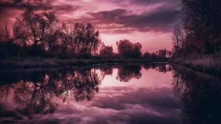 Landscape with lake and trees at sunset in retro style. Toned.の素材
