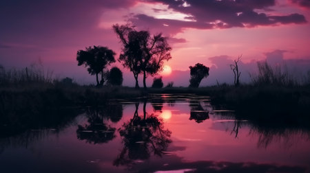 Sunset in the Okavango Delta, Botswana, Africaの素材