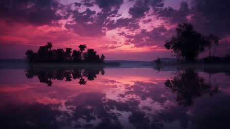 Beautiful sunset over the lake with reflection of trees in water.の素材