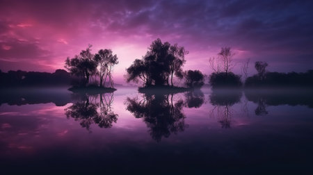 Landscape of foggy morning on the lake with reflection of treesの素材