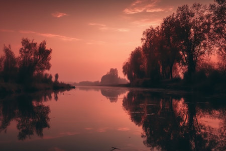 Beautiful landscape with river and trees at sunset in retro style.の素材